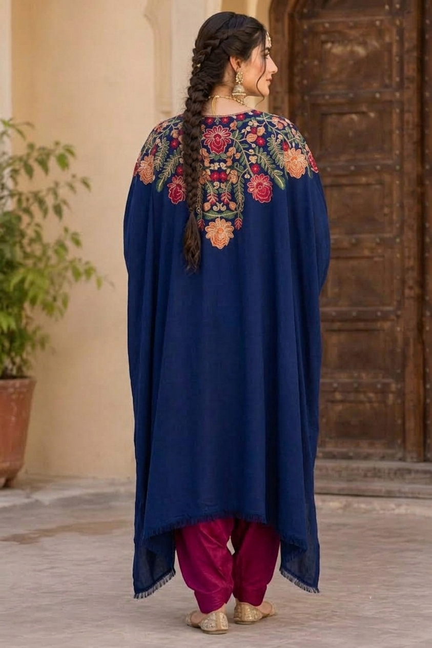Navy Blue Pashmina Kashmiri Embroidered Cape Shawl