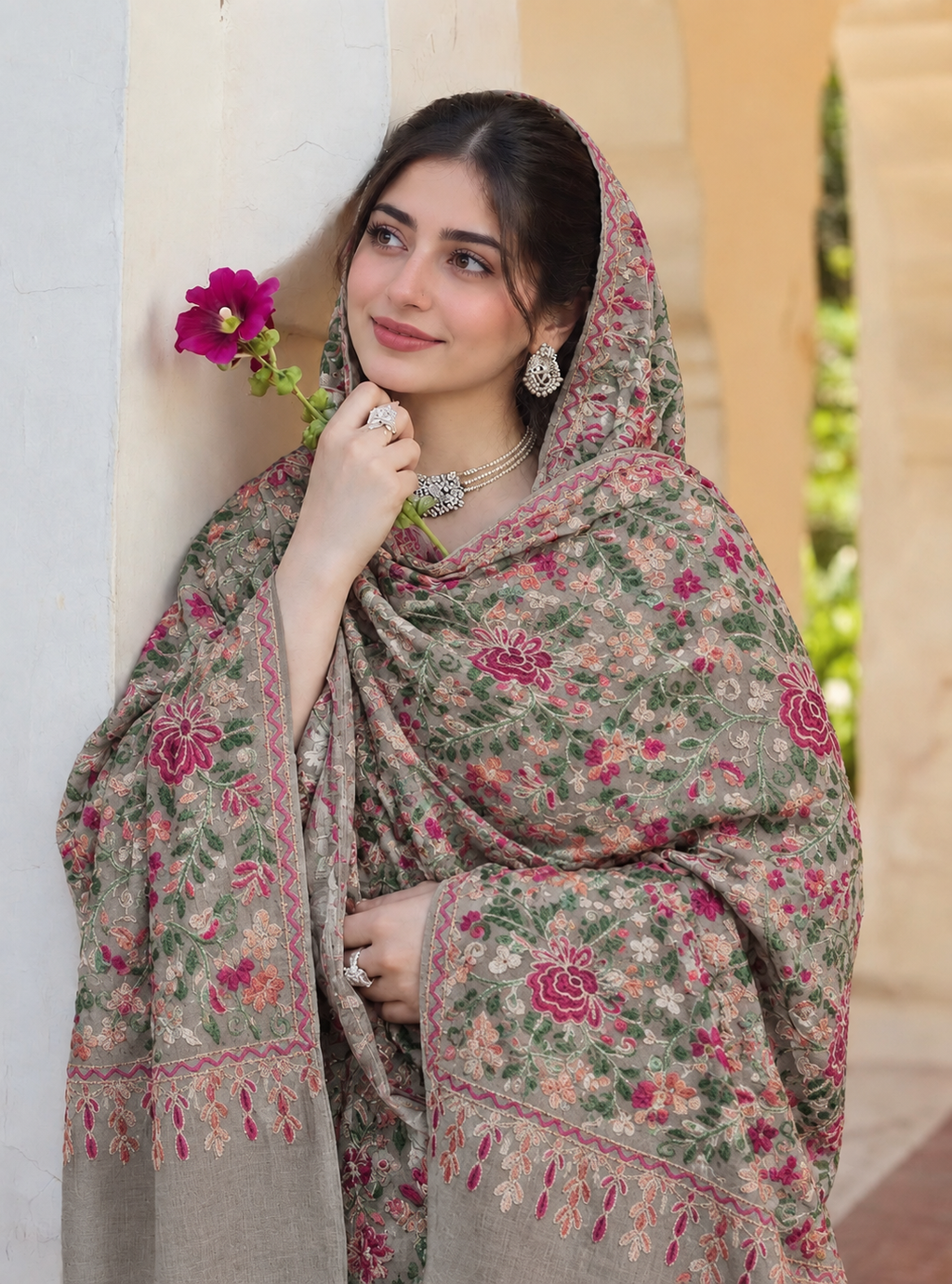 Pashmina Shawl Full Size | Kashmiri Embroidery | Dark Skin