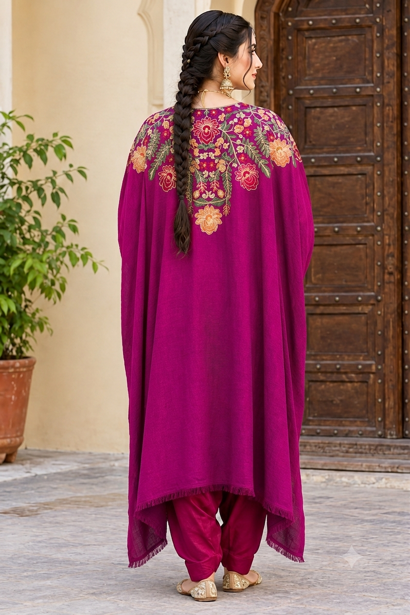 Rani Pink Pashmina Kashmiri Embroidered Cape Shawl