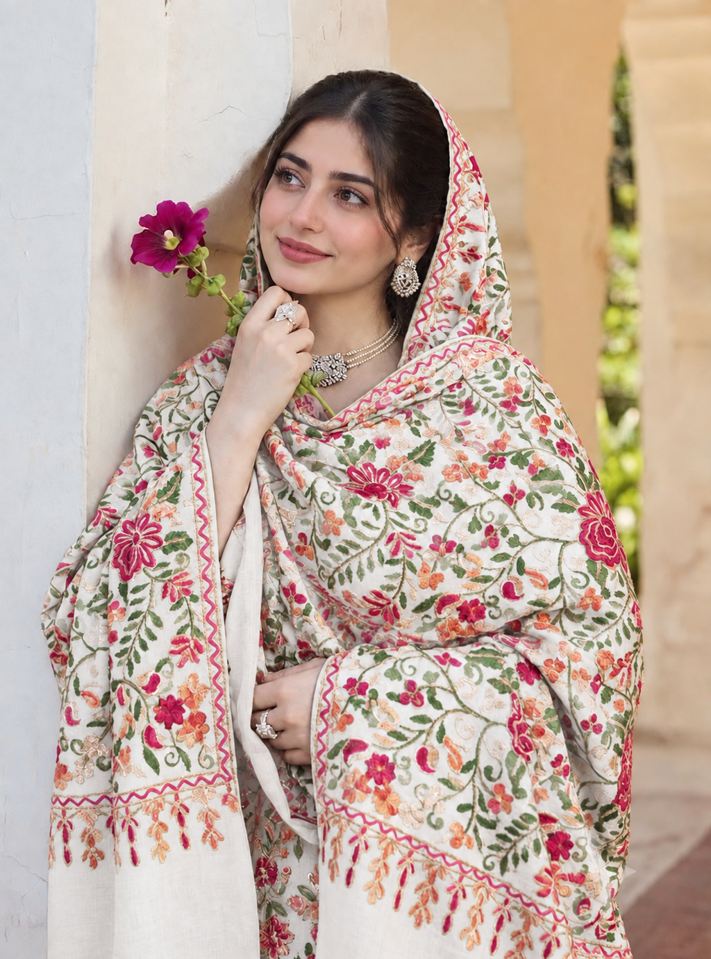 Pashmina Shawl Full Size | Kashmiri Embroidery | Off-white