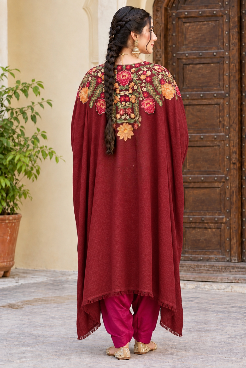 Red Pashmina Kashmiri Embroidered Cape Shawl