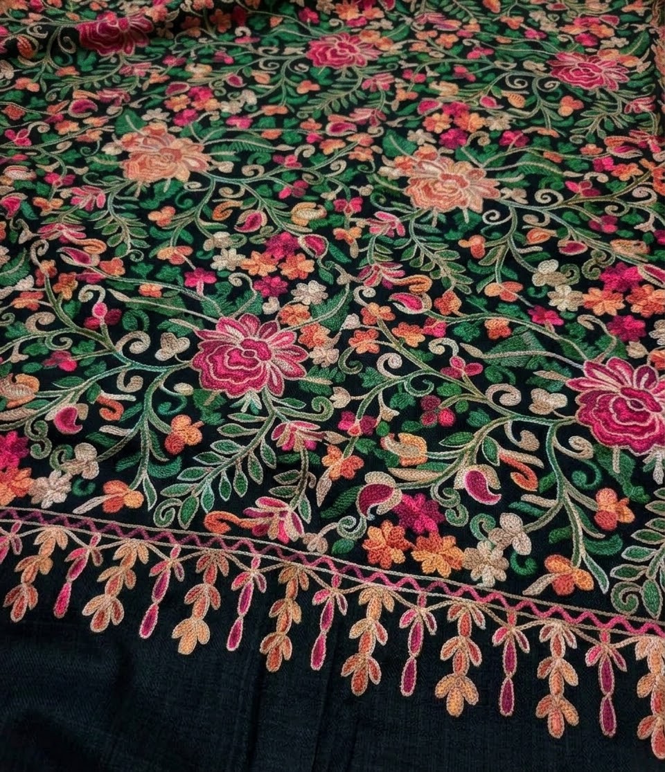 Pashmina Shawl Full Size | Kashmiri Embroidery | Black