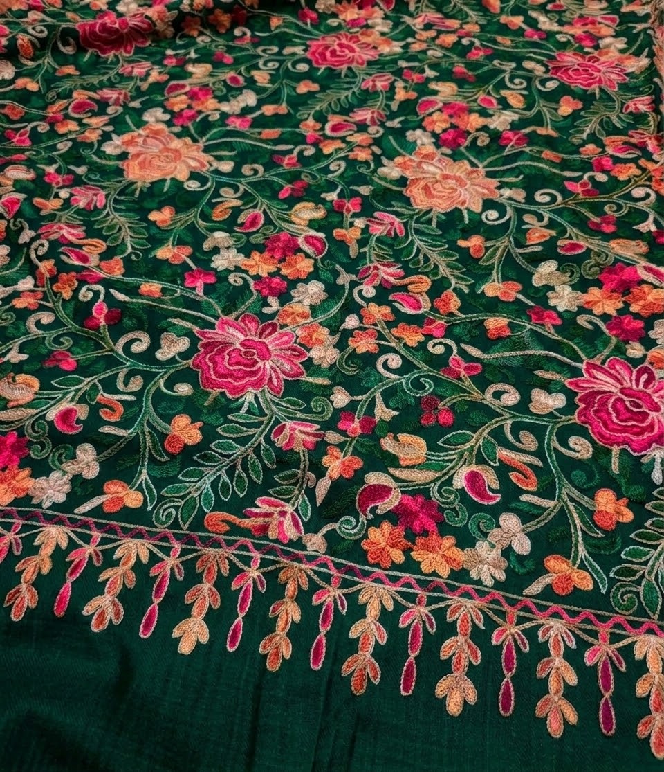 Pashmina Shawl Full Size | Kashmiri Embroidery | Dark green