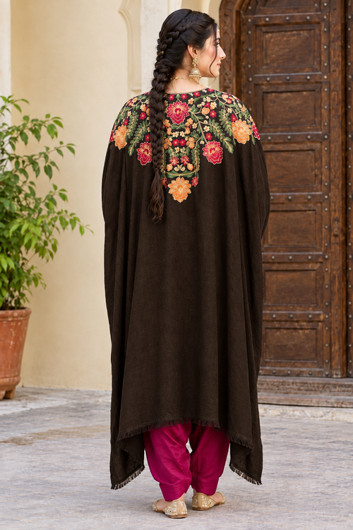 Choc Brown Pashmina Kashmiri Embroidered Cape Shawl