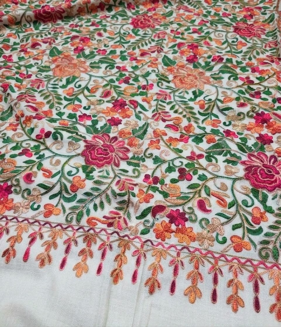 Pashmina Shawl Full Size | Kashmiri Embroidery | Off-white