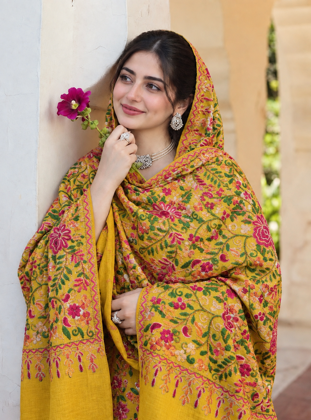 Pashmina Shawl Full Size | Kashmiri Embroidery | Yellow