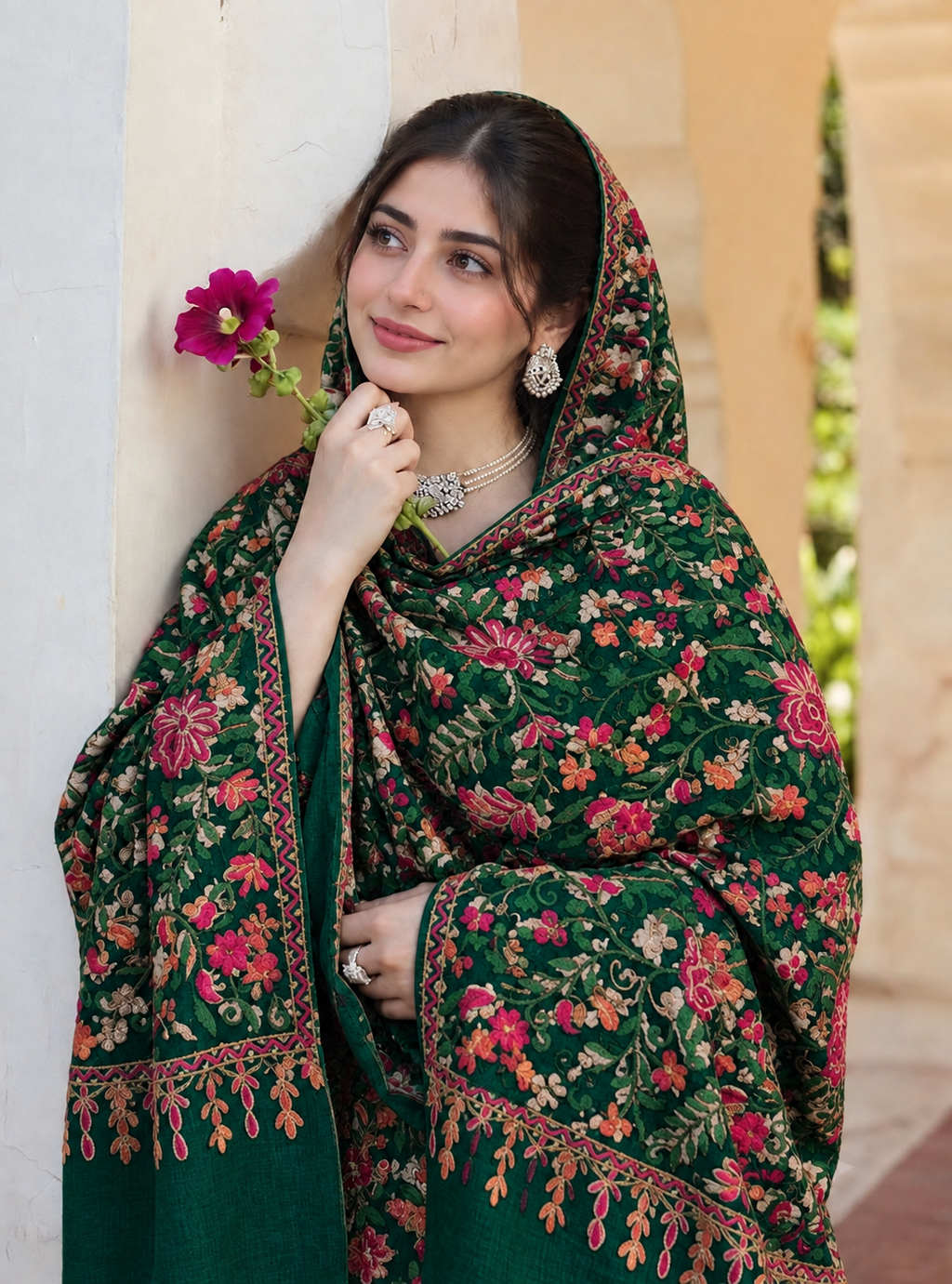 Pashmina Shawl Full Size | Kashmiri Embroidery | Dark green