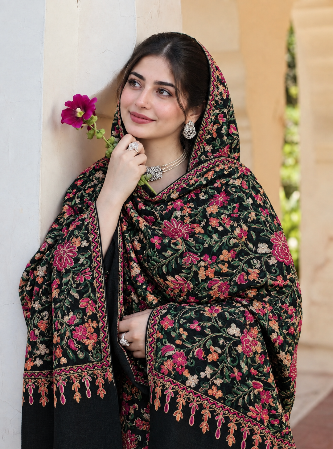 Pashmina Shawl Full Size | Kashmiri Embroidery | Black