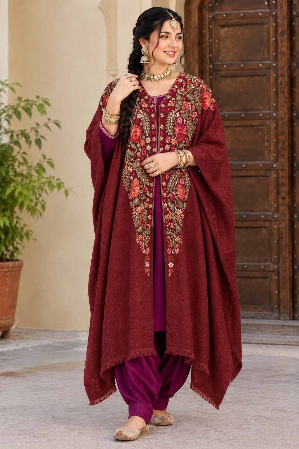 Red Pashmina Kashmiri Embroidered Cape Shawl