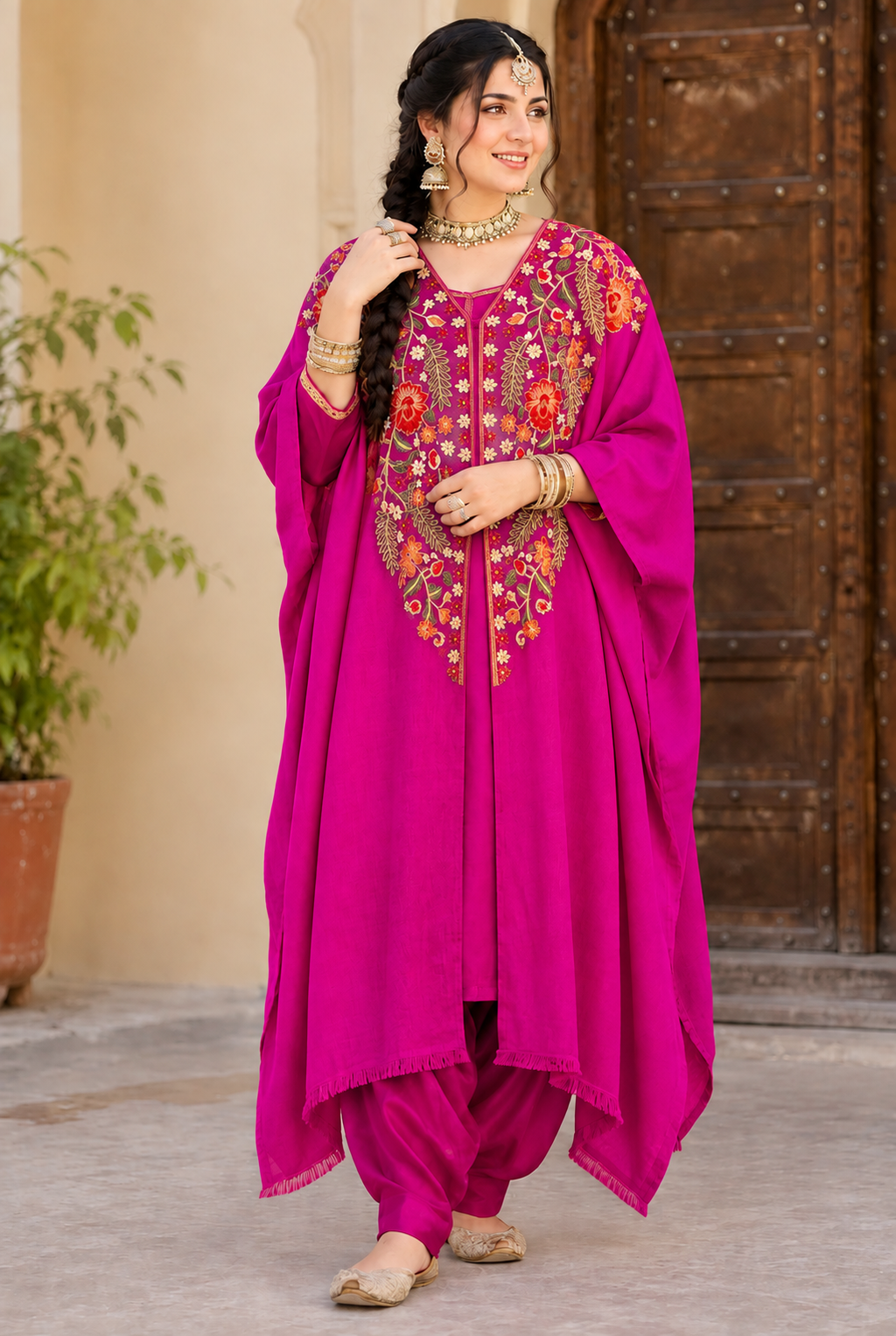 Rani Pink Pashmina Kashmiri Embroidered Cape Shawl