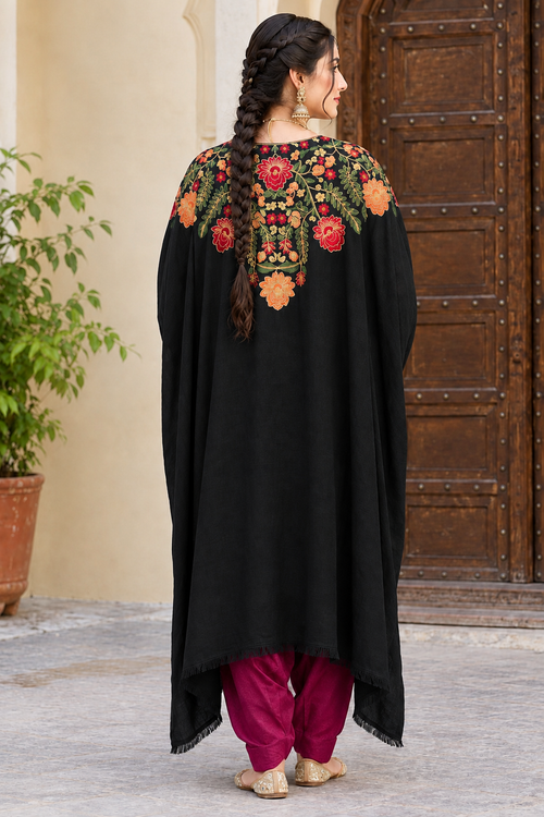 Black Pashmina Kashmiri Embroidered Cape Shawl