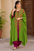 Mehandi Green Pashmina Kashmiri Embroidered Cape Shawl