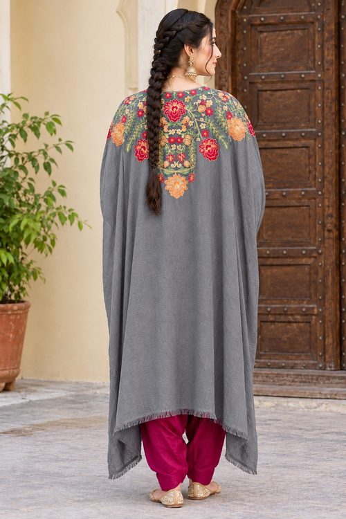 Dark Grey Pashmina Kashmiri Embroidered Cape Shawl