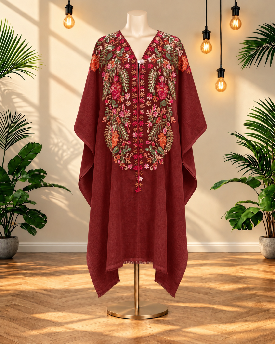 Red Pashmina Kashmiri Embroidered Cape Shawl