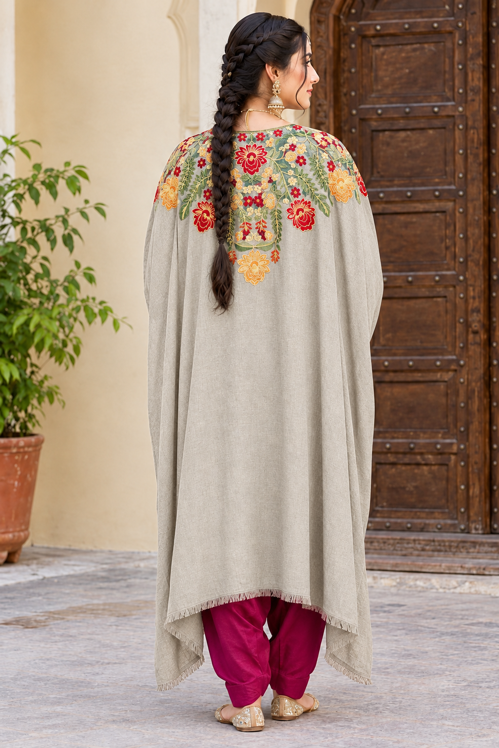Dark Skin Pashmina Kashmiri Embroidered Cape Shawl