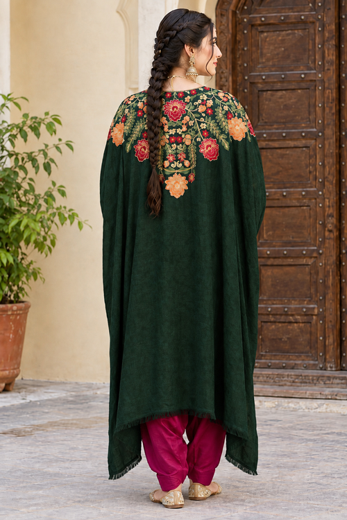 Dark Green Pashmina Kashmiri Embroidered Cape Shawl