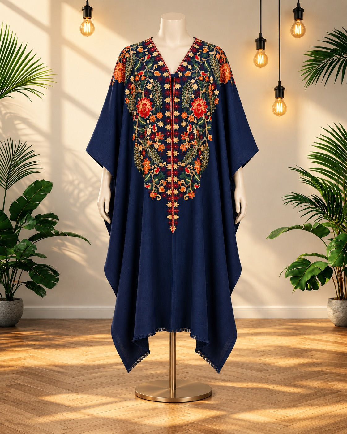 Navy Blue Pashmina Kashmiri Embroidered Cape Shawl